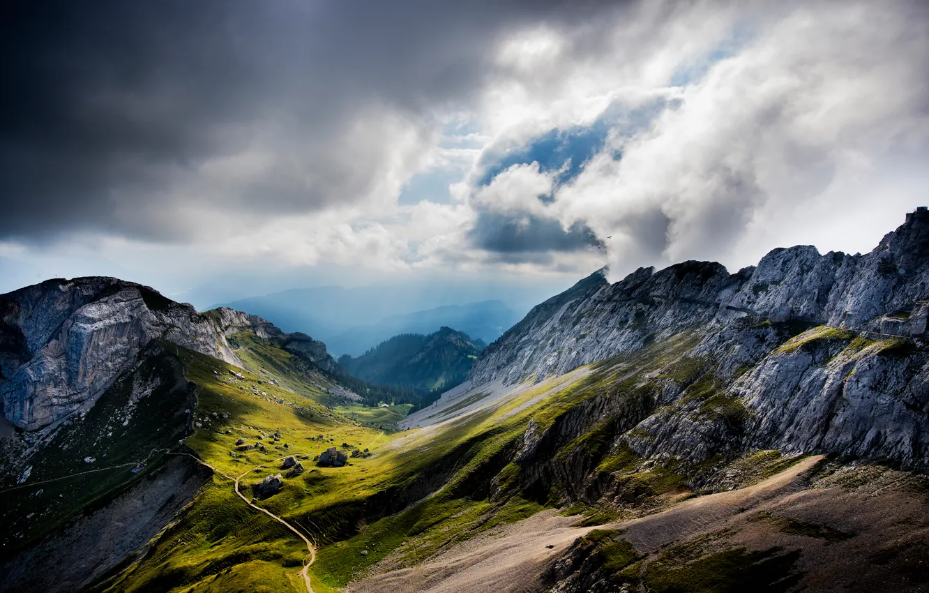 Фото обои облака, горы, Швейцария, долина, Switzerland, Mount Pilatus