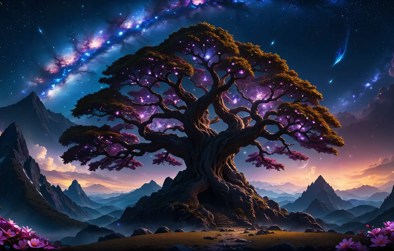 Фото обои fantasy, tree, mysterious, Mystic, Aesthetic, AI Art, Yashamon, Beautiful Sky