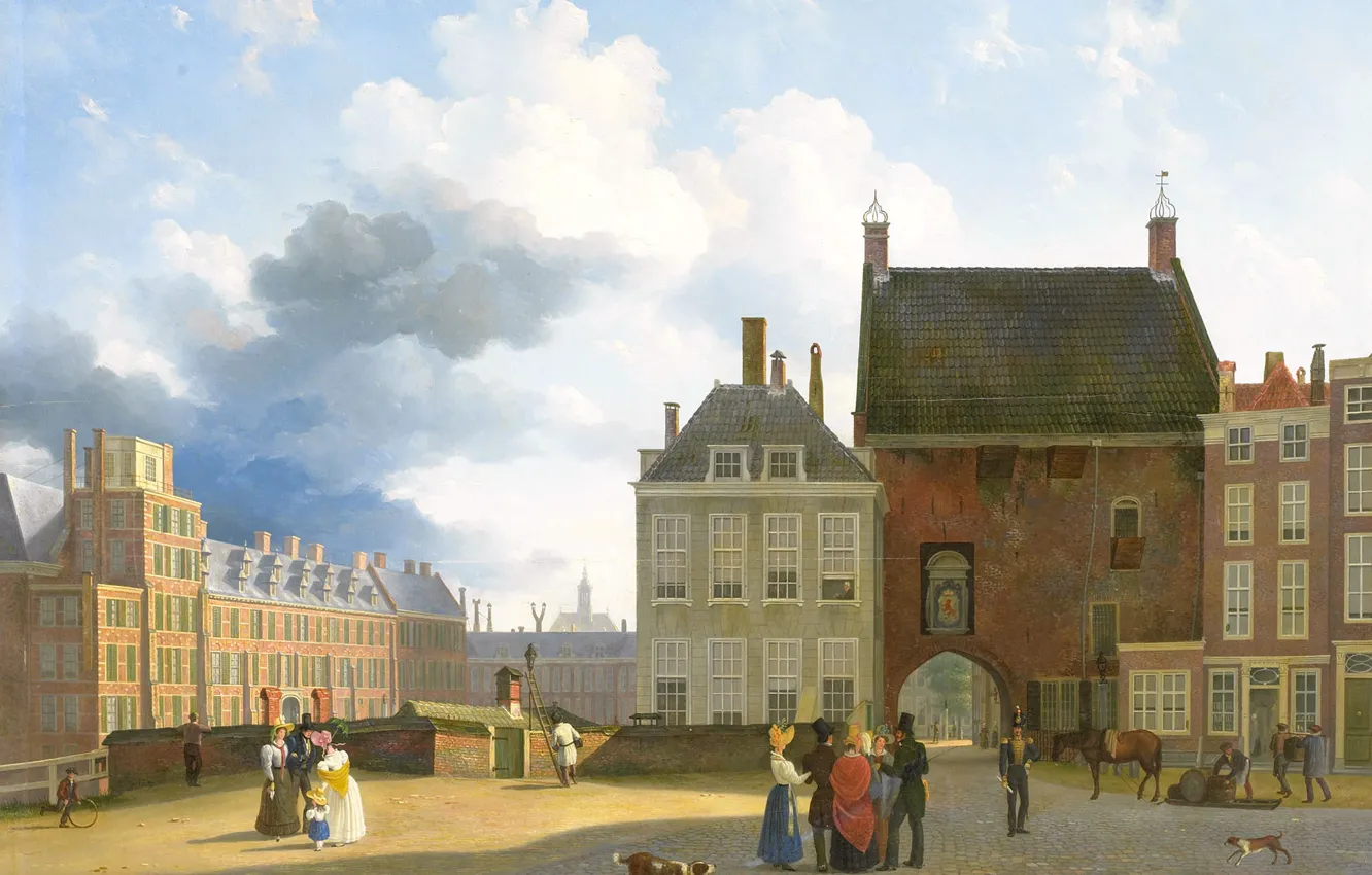 Фото обои город, картина, городской пейзаж, Питер Даниэль ван дер Бург, Площадь у Тюремных Ворот в Гааге