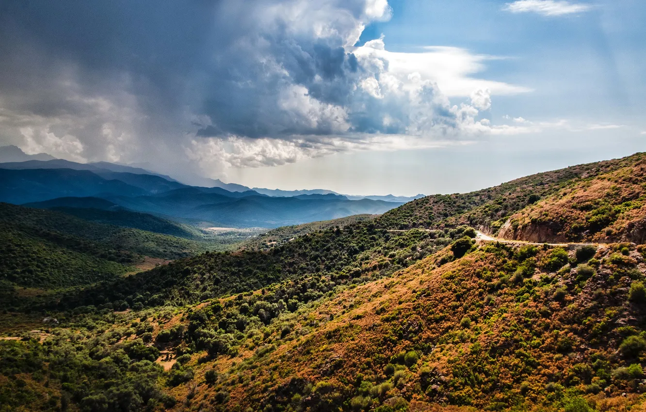 Фото обои дорога, небо, облака, горы, Франция, долина, Corsica