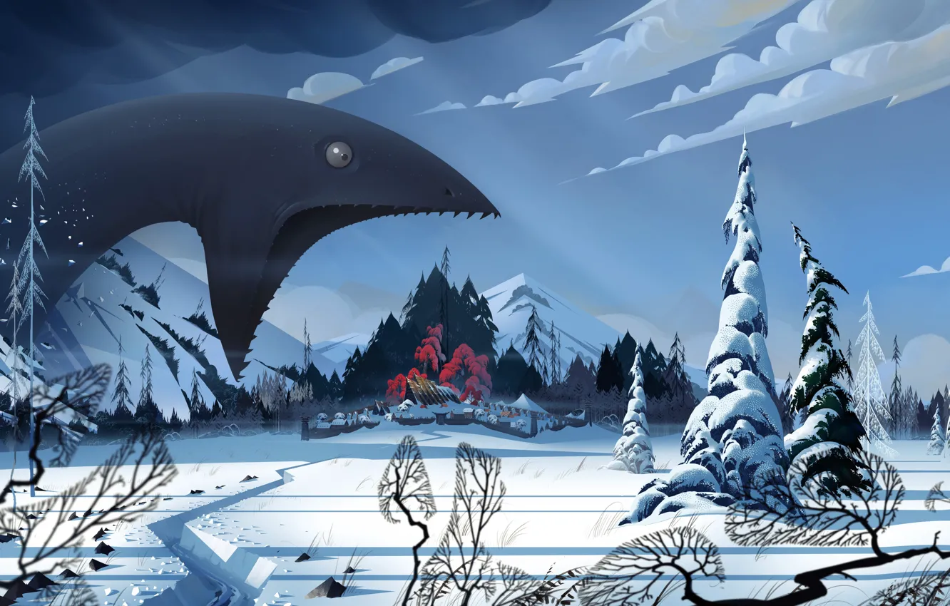 Фото обои зима, снег, пейзаж, монстр, деревня, art, The Banner Saga