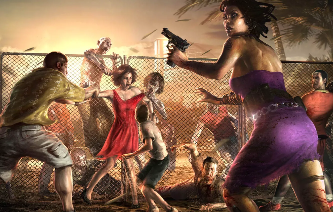 Фото обои girl, zombie, gun, blood, pistol, game, dress, weapon