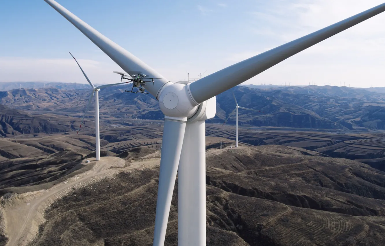 Фото обои drone, wind turbine, MWC 2017, DJI M200, isolated location, electric power generation, renewable energy, wilderness …