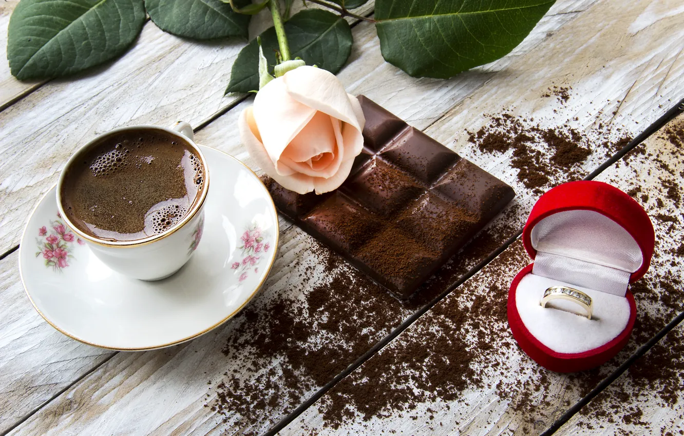 Фото обои кофе, еда, шоколад, розы, кольцо, чашка, натюрморт