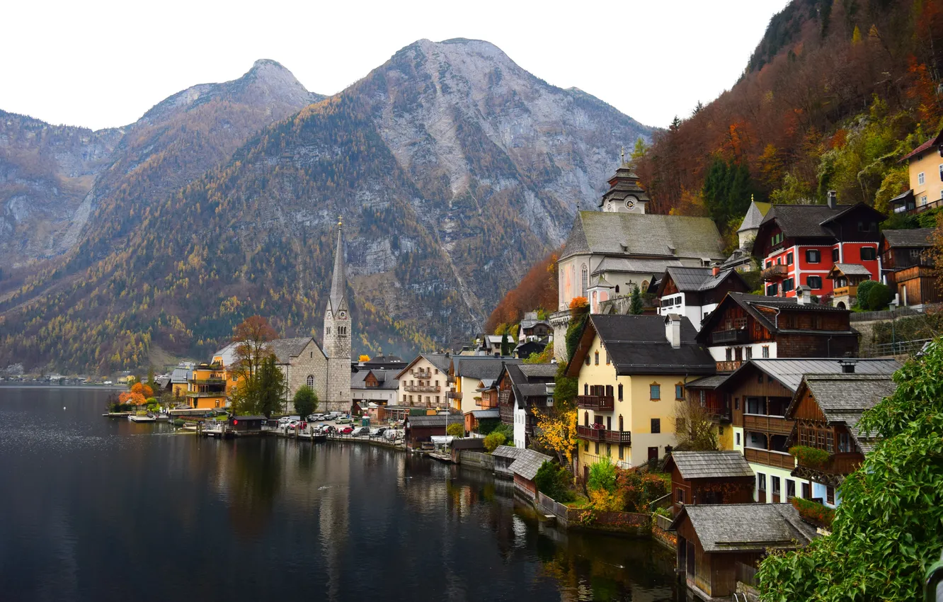 Фото обои горы, озеро, Hallstatt Lake, Астрия