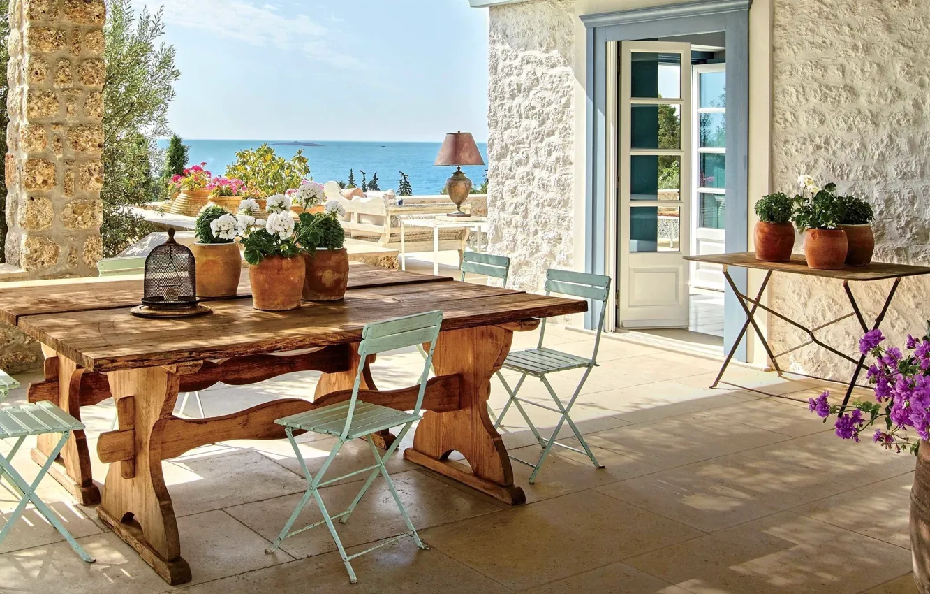 Фото обои вилла, интерьер, вид на море, терраса, столовая, indoor-outdoor
