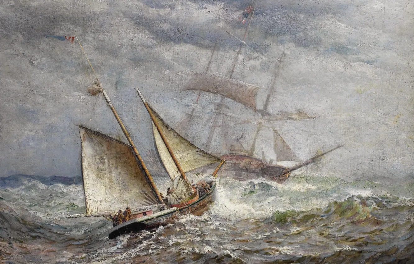 Фото обои море, шторм, парусник, картина, живопись, James Gale Tyler