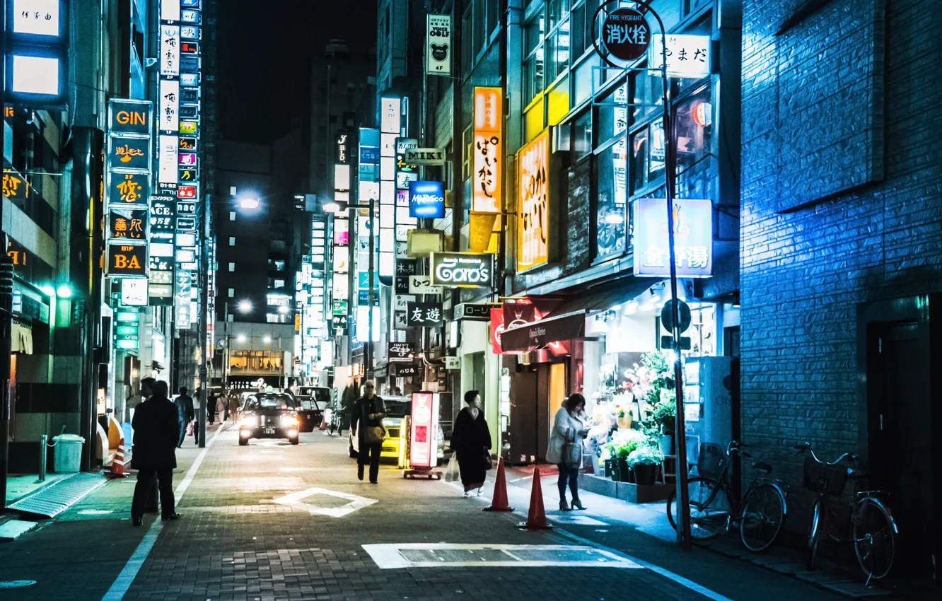 Фото обои Tokyo, Japan, street, people, neon, cityscape, shops, everyday life