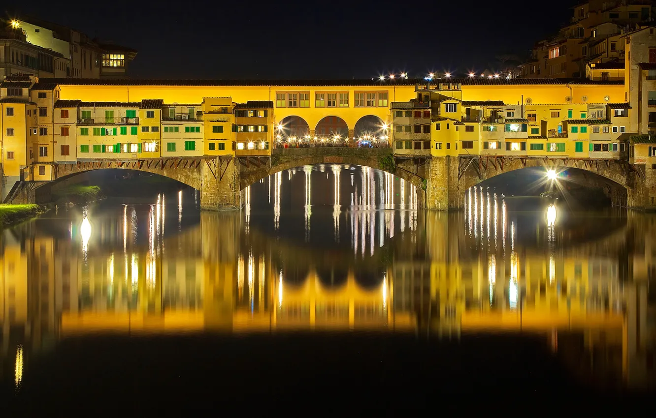 Фото обои ночь, мост, огни, река, Италия, Флоренция, Понте Веккьо, Арно