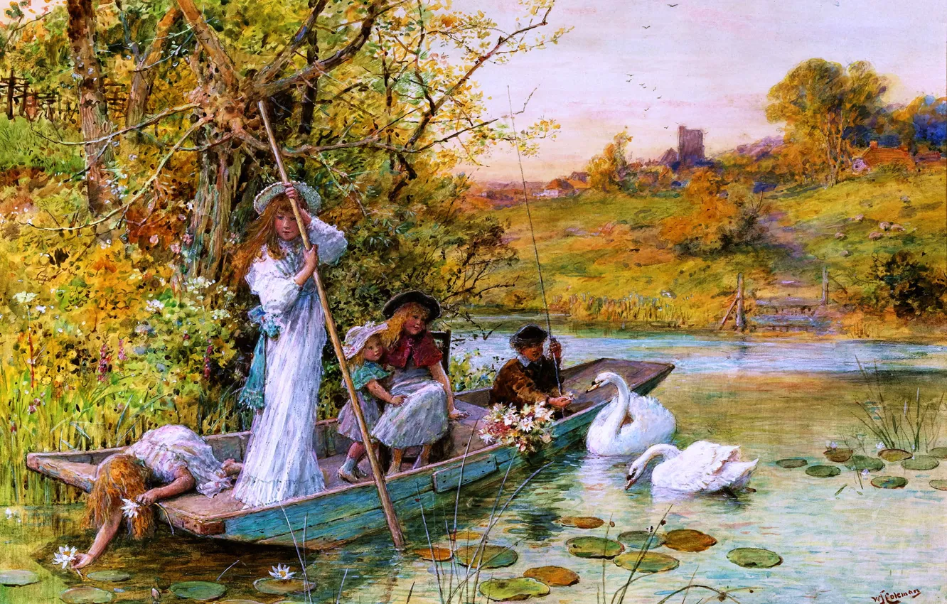 Фото обои дети, река, лодка, лебеди