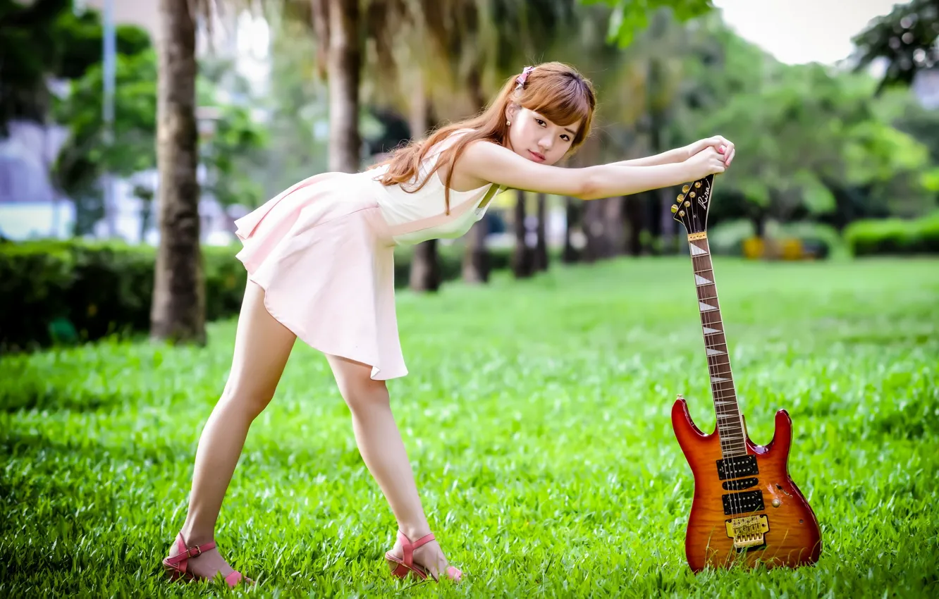 Фото обои девушка, музыка, гитара, азиатка