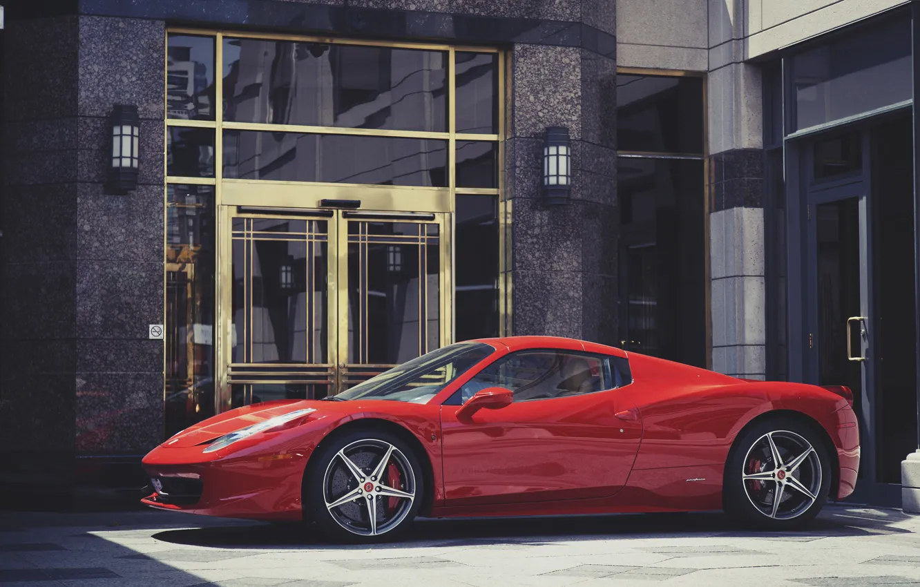 Фото обои красный, здание, Ferrari, red, феррари, 458, italia, италия