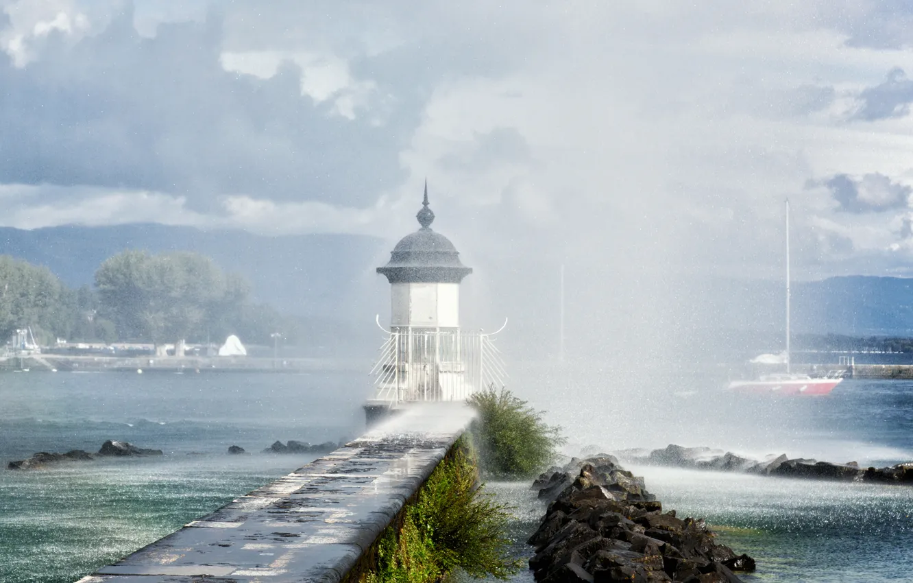 Фото обои брызги, озеро, дождь, маяк, Швейцария, Lake Geneva