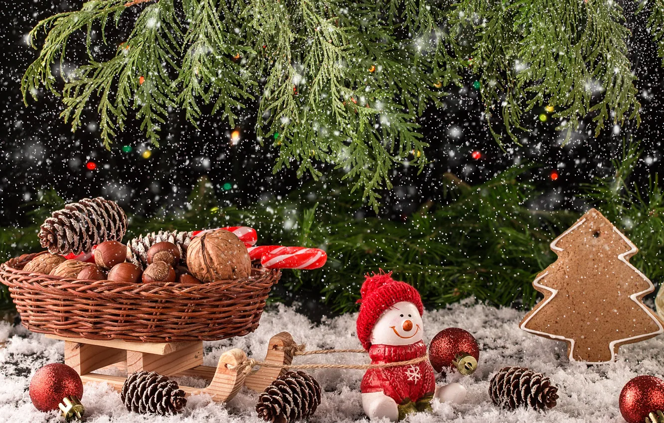 Фото обои снег, украшения, игрушки, Новый Год, Рождество, снеговик, christmas, wood