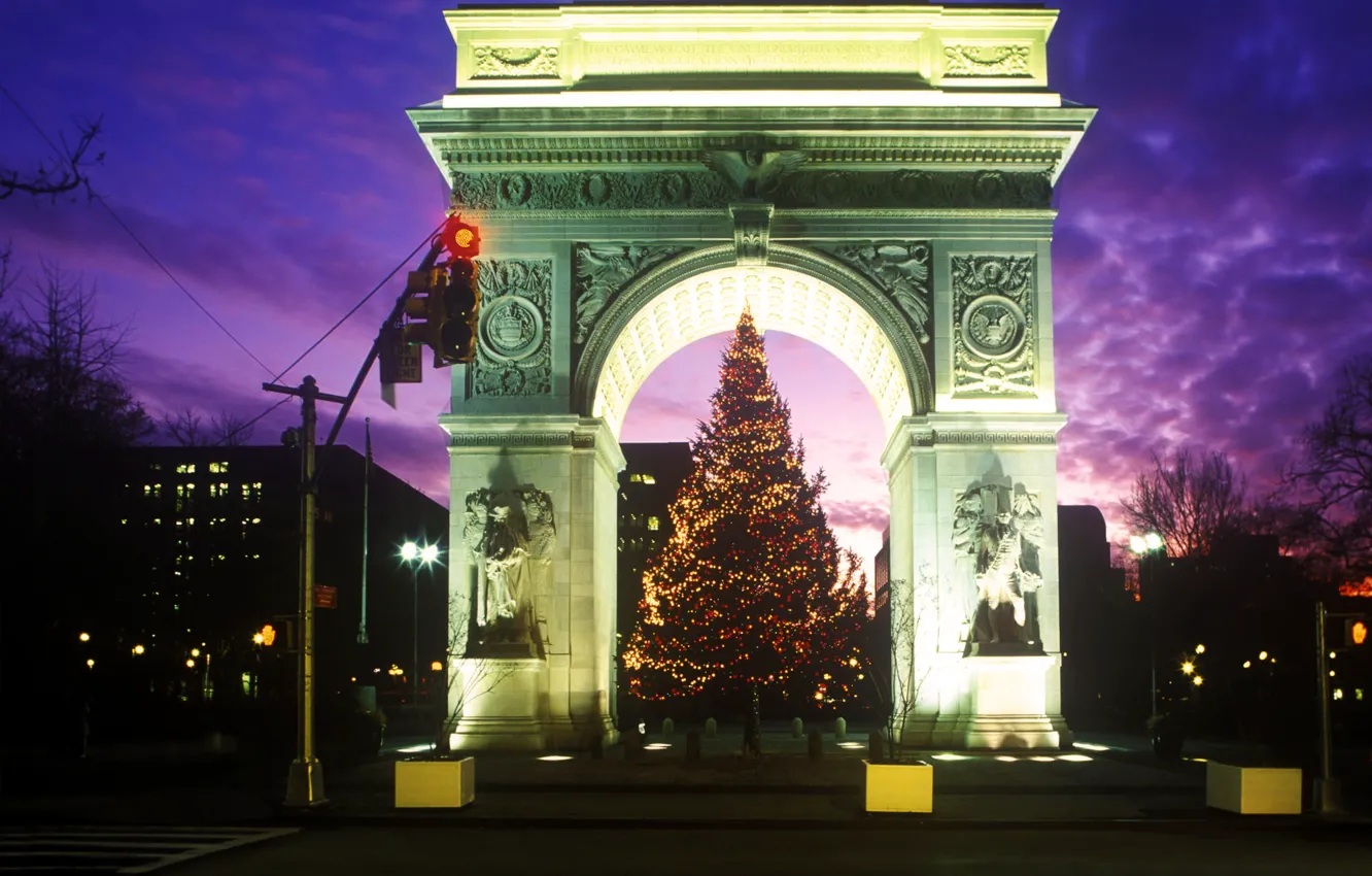 Фото обои ночь, елка, арка, Washington Square Park