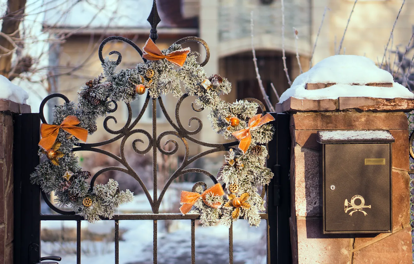 Фото обои зима, снег, деревья, ветки, природа, забор, ворота, дверь