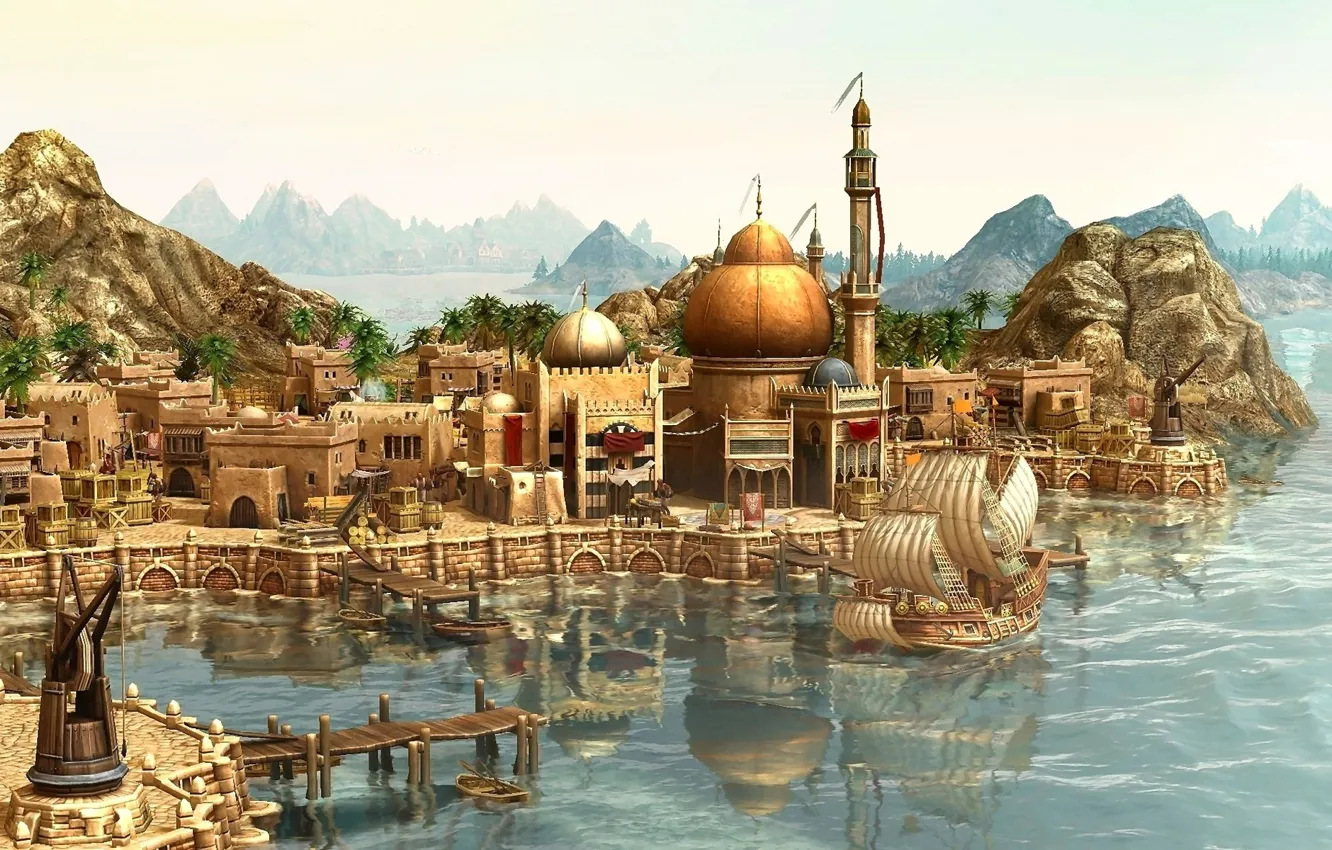 Фото обои city, город, корабль, порт, путешествие, Anno 1404, прибытие, game wallpapers
