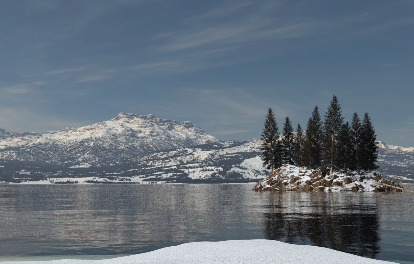 Фото обои снег, деревья, горы, озеро, отражение, остров, ель, рябь