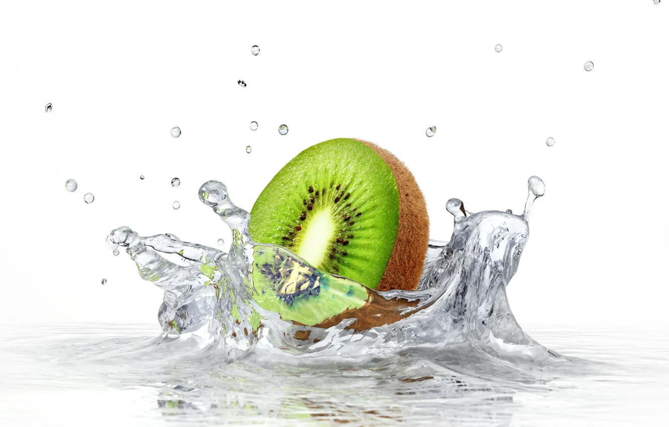 Фото обои вода, брызги, киви, белый фон, water, kiwi, white background, sprays