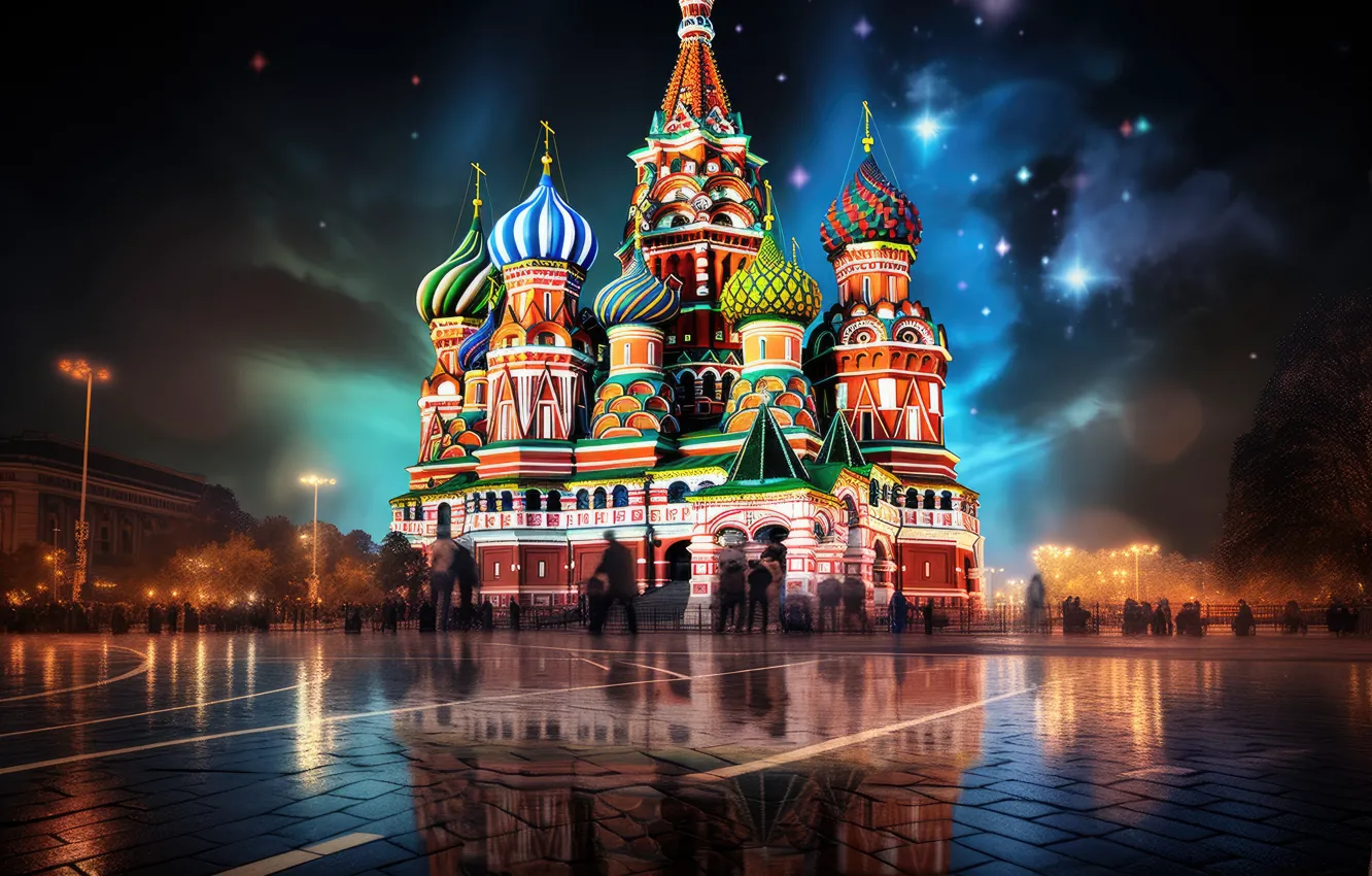 Фото обои небо, ночь, город, люди, вид, здания, Москва, Кремль