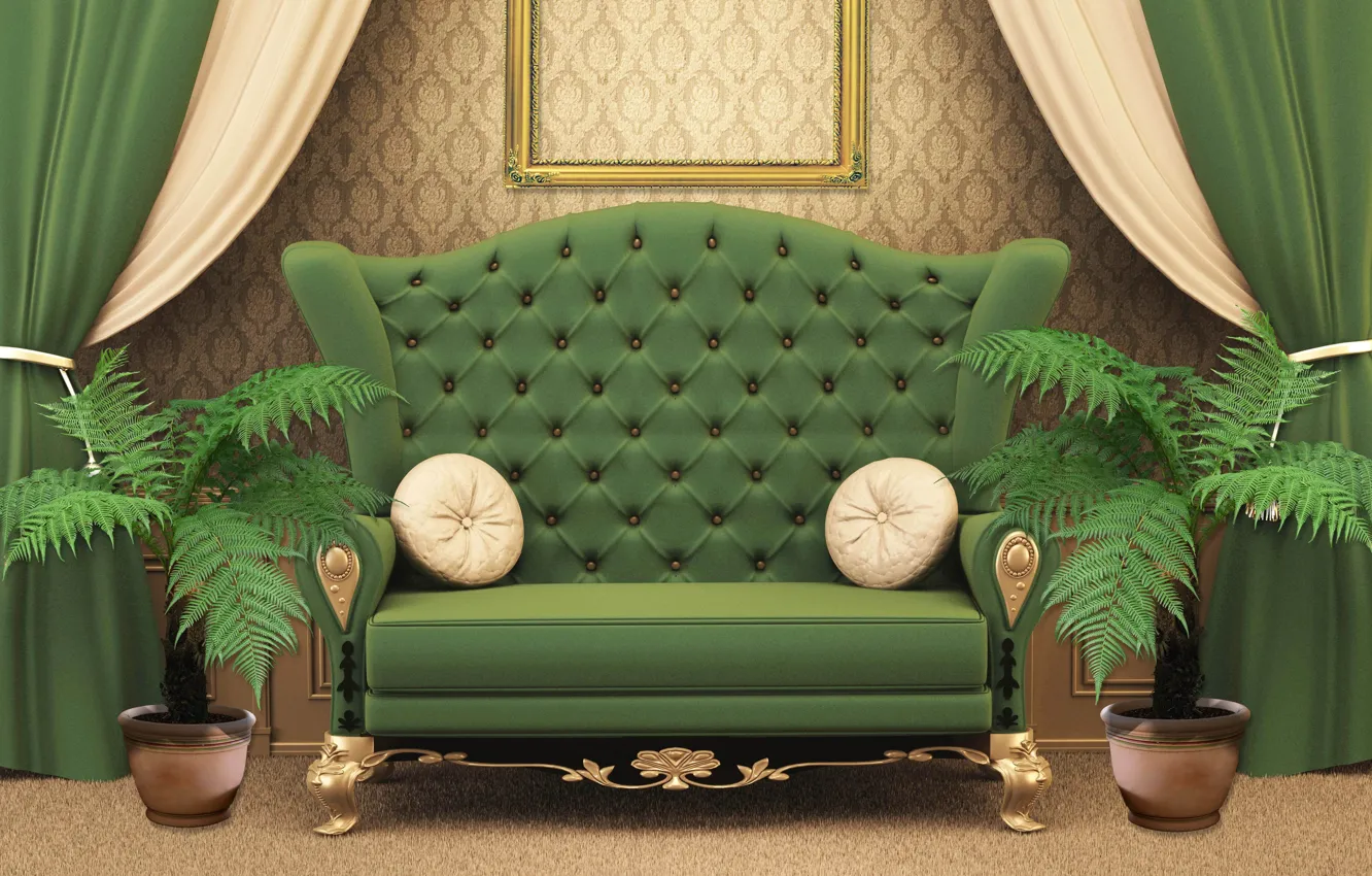 Фото обои цветы, дизайн, зеленый, стиль, комната, диван, интерьер, подушки
