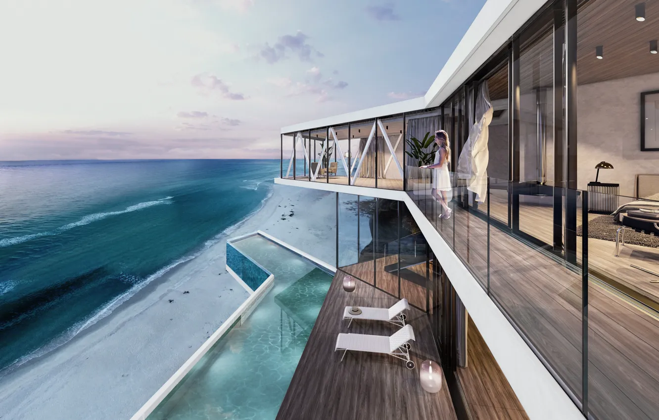 Фото обои пляж, вечер, бассейн, освещение, архитектура, на берегу океана, Luxury villa, Роскошная вилла
