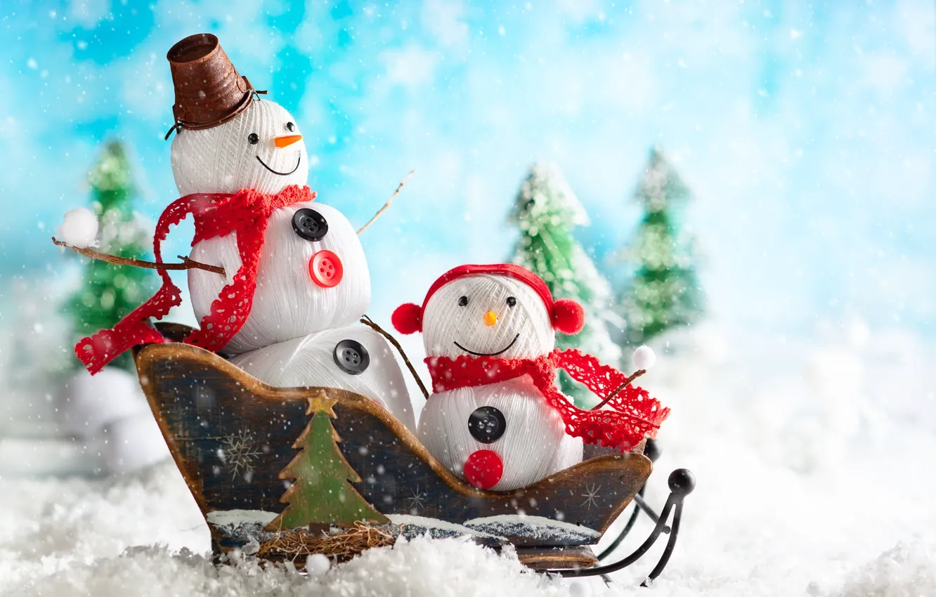 Фото обои снег, праздник, новый год, снеговики, санки, ёлки, Svetlana Kolpakova