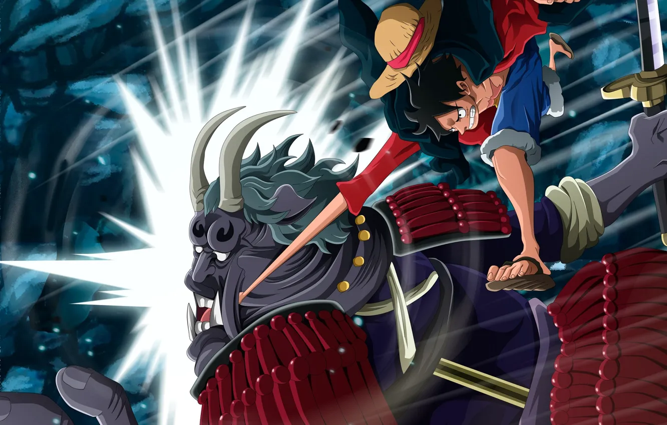Фото обои монстр, удар, битва, парень, One Piece