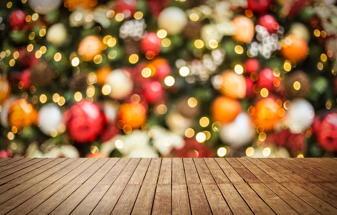 Фото обои украшения, lights, фон, шары, доски, Рождество, Новый год, new year