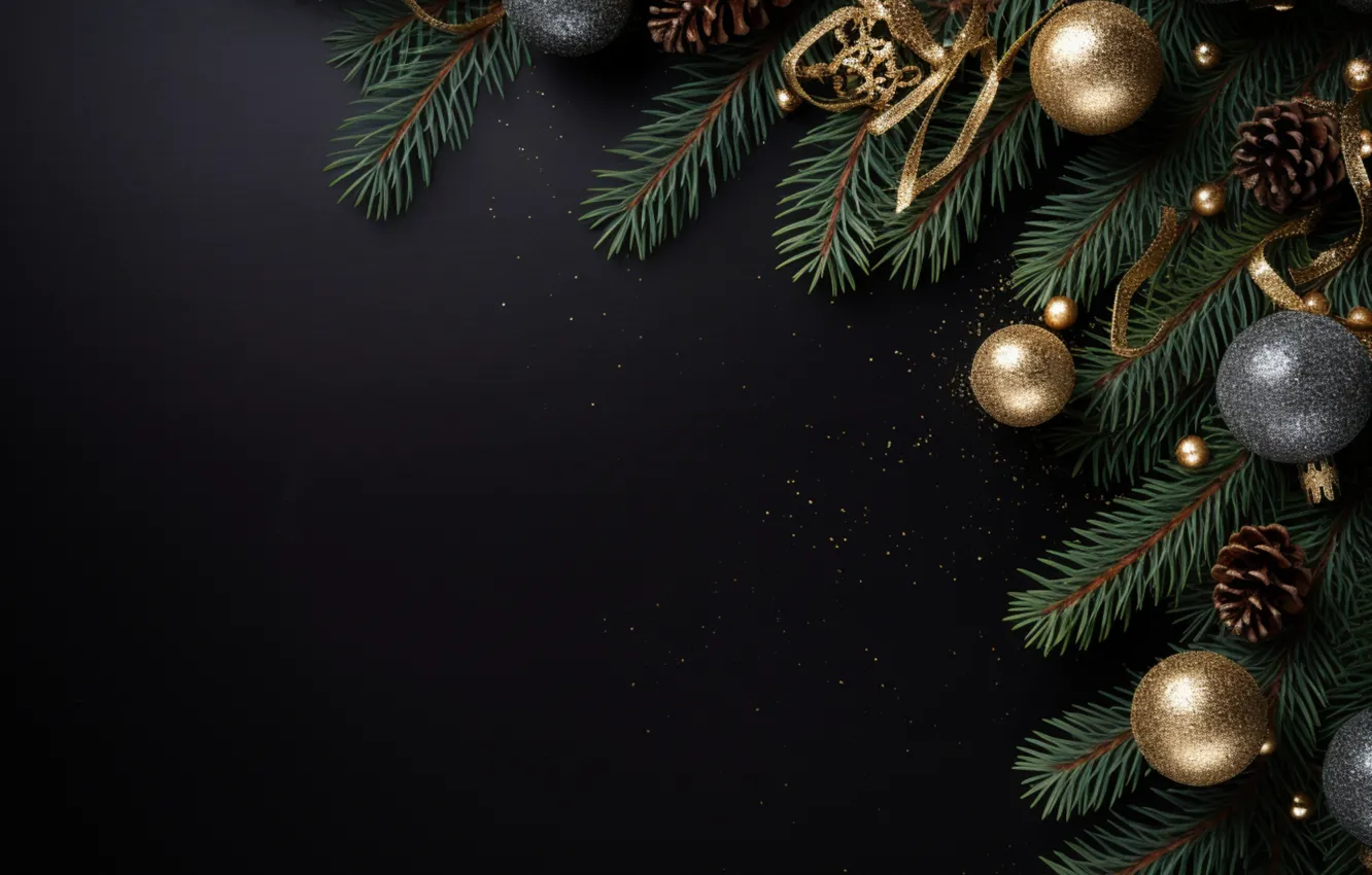 Фото обои украшения, темный фон, шары, Новый Год, Рождество, golden, new year, happy