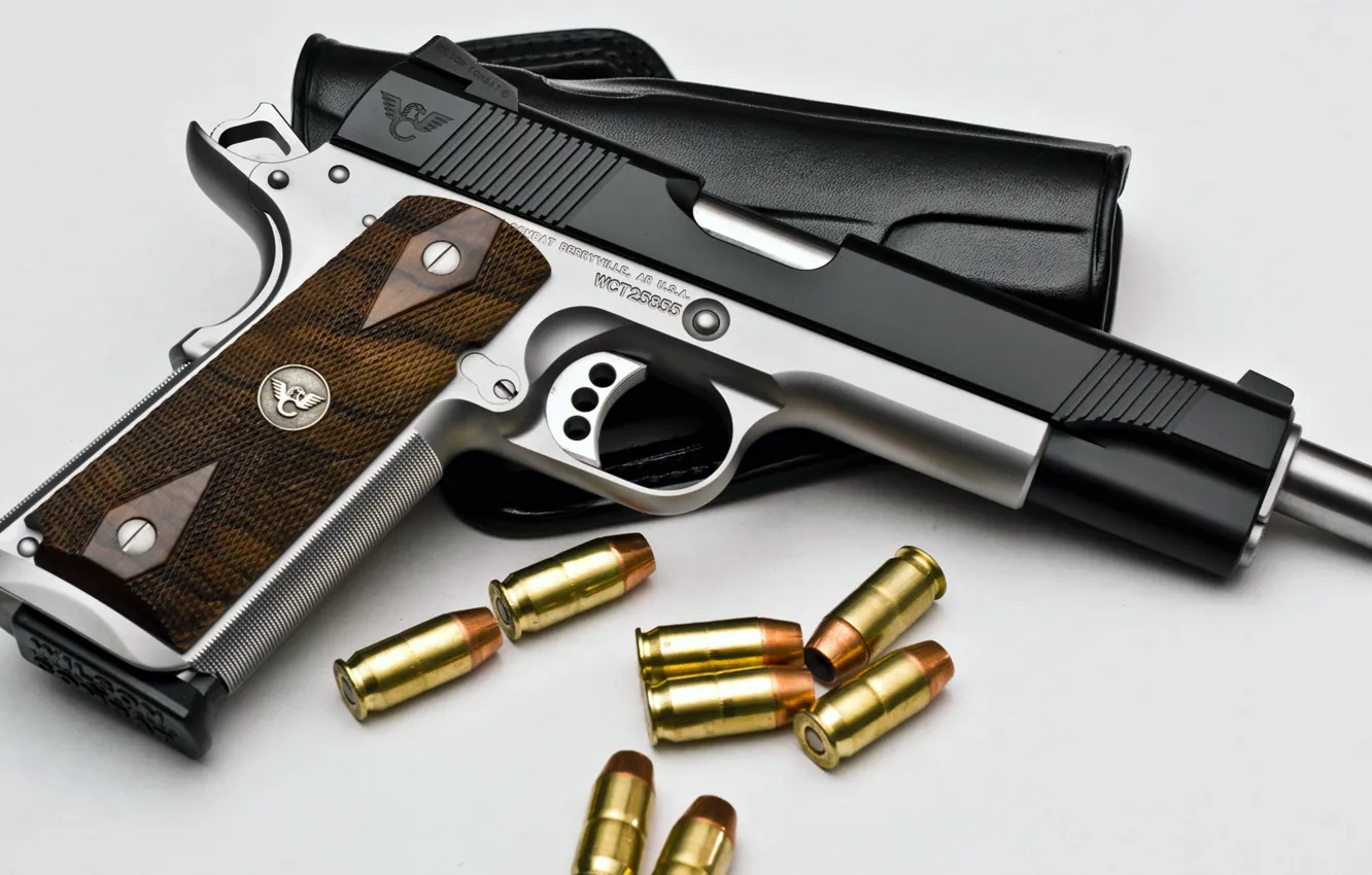 Фото обои пистолет, белый фон, патроны, кобура, Wilson, Combat, Pistol, .45ACP