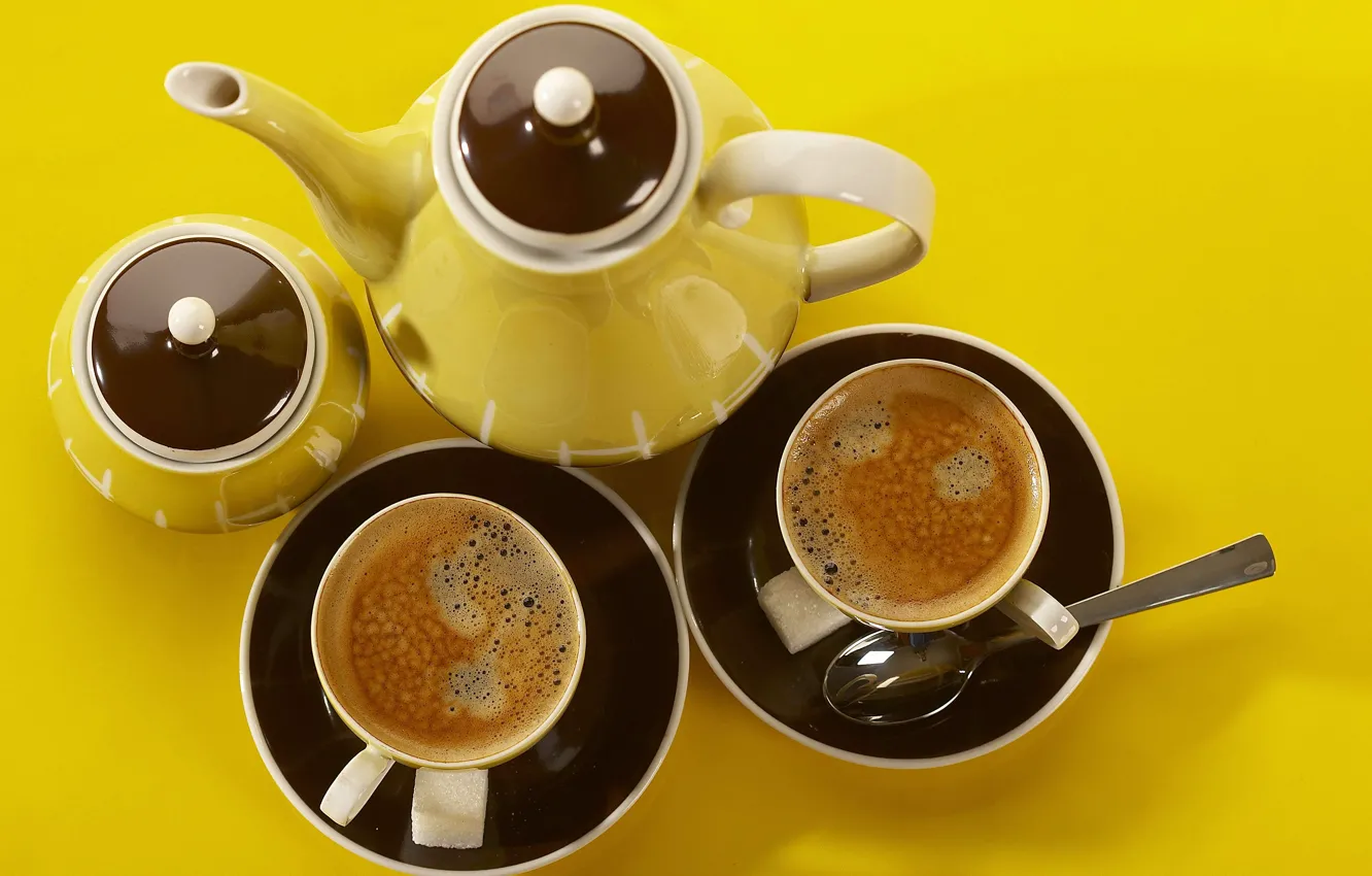 Фото обои желтый, фон, чай, чашки, посуда, кружки