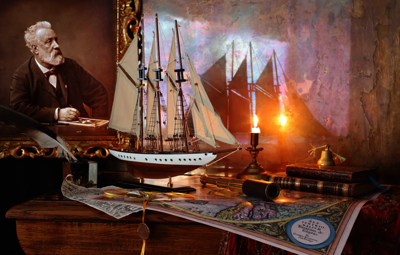 Фото обои корабль, книги, свеча, парусник, картина, Жюль Верн