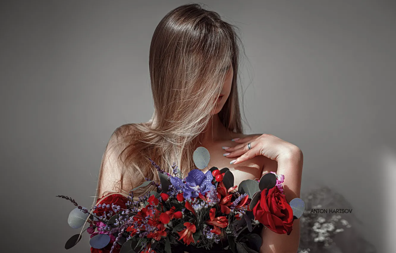 Фото обои long hair, flowers, model, women, brunette, Anton Harisov, women indoors