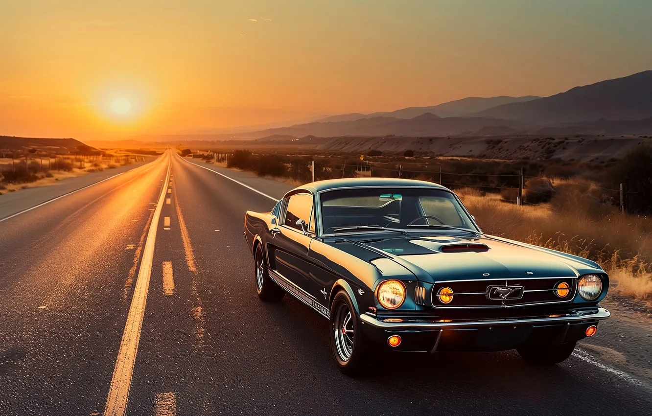 Фото обои дорога, солнце, закат, горы, синий, разметка, Mustang, шоссе
