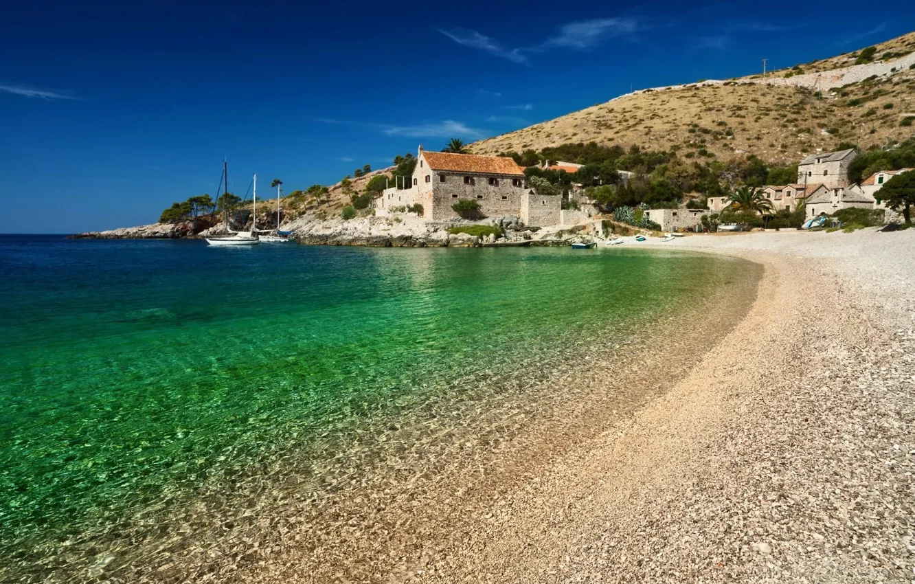 Фото обои море, пляж, яхты, деревня, Хорватия, Адриатика, Ядран, Hvar