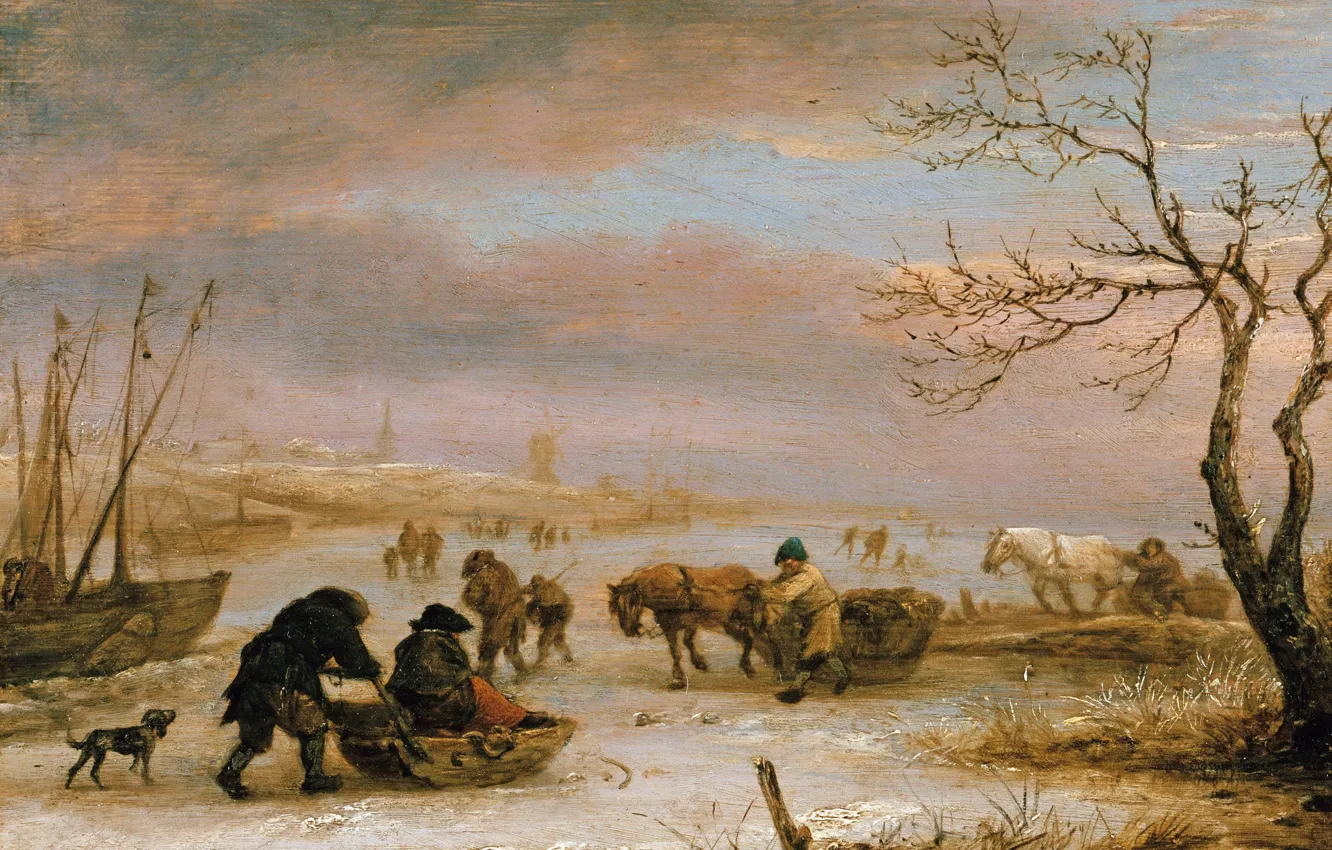 Фото обои картина, Исаак ван Остаде, Isaac van Ostade, Зимний Пейзаж с Лодкой Вмерзшей в Лед