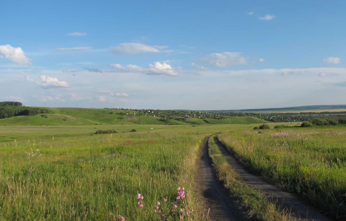 Фото обои дорога, поле, небо, холмы, деревня