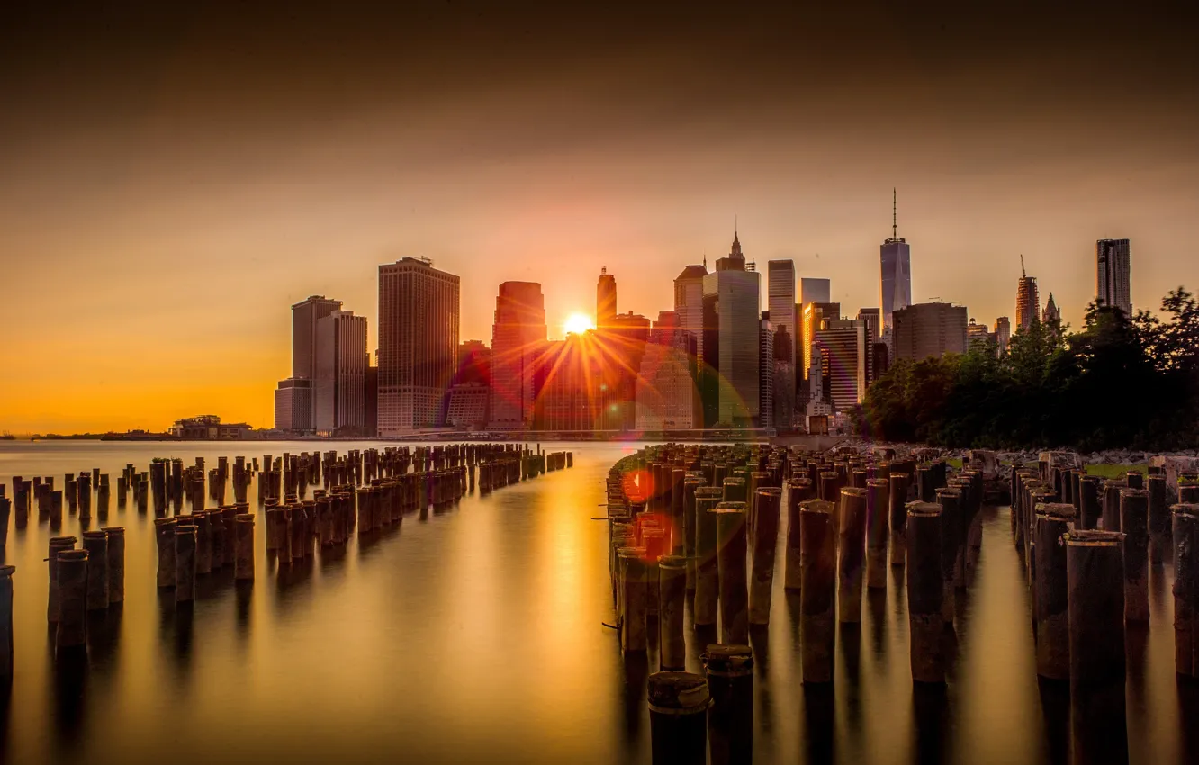 Фото обои закат, город, Нью-Йорк, США, skyline, New York