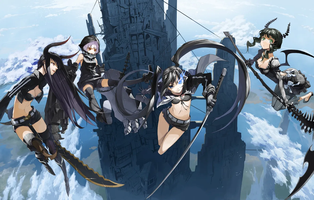 Фото обои девушки, высота, меч, коса, black rock shooter, takanashi yomi, kuroi mato, в небе