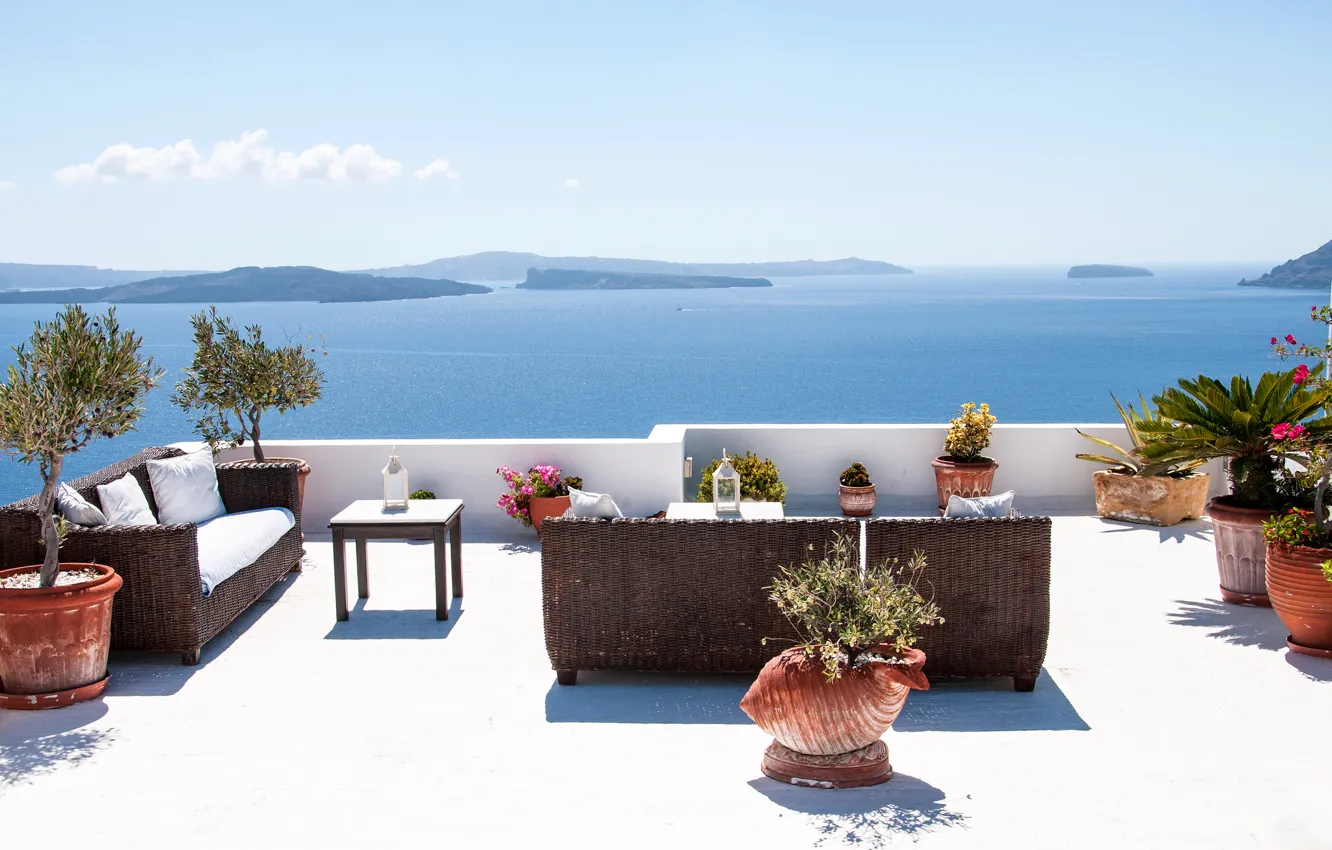 Фото обои море, горы, диван, отдых, вилла, отпуск, кресло, Санторини