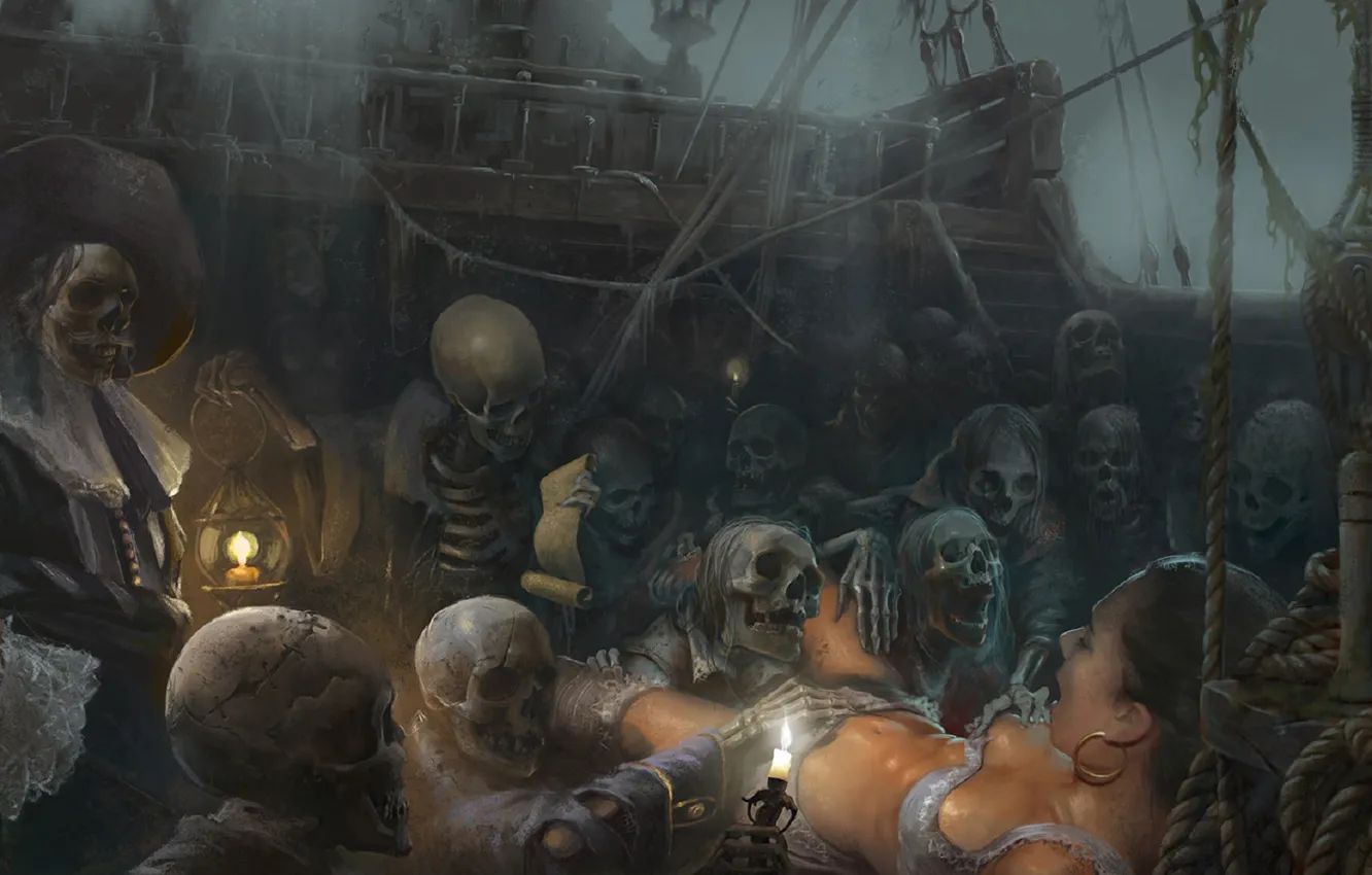 Фото обои страх, жертва, свечи, кости, пираты, скелеты, Black Sun, The Flying Dutchman