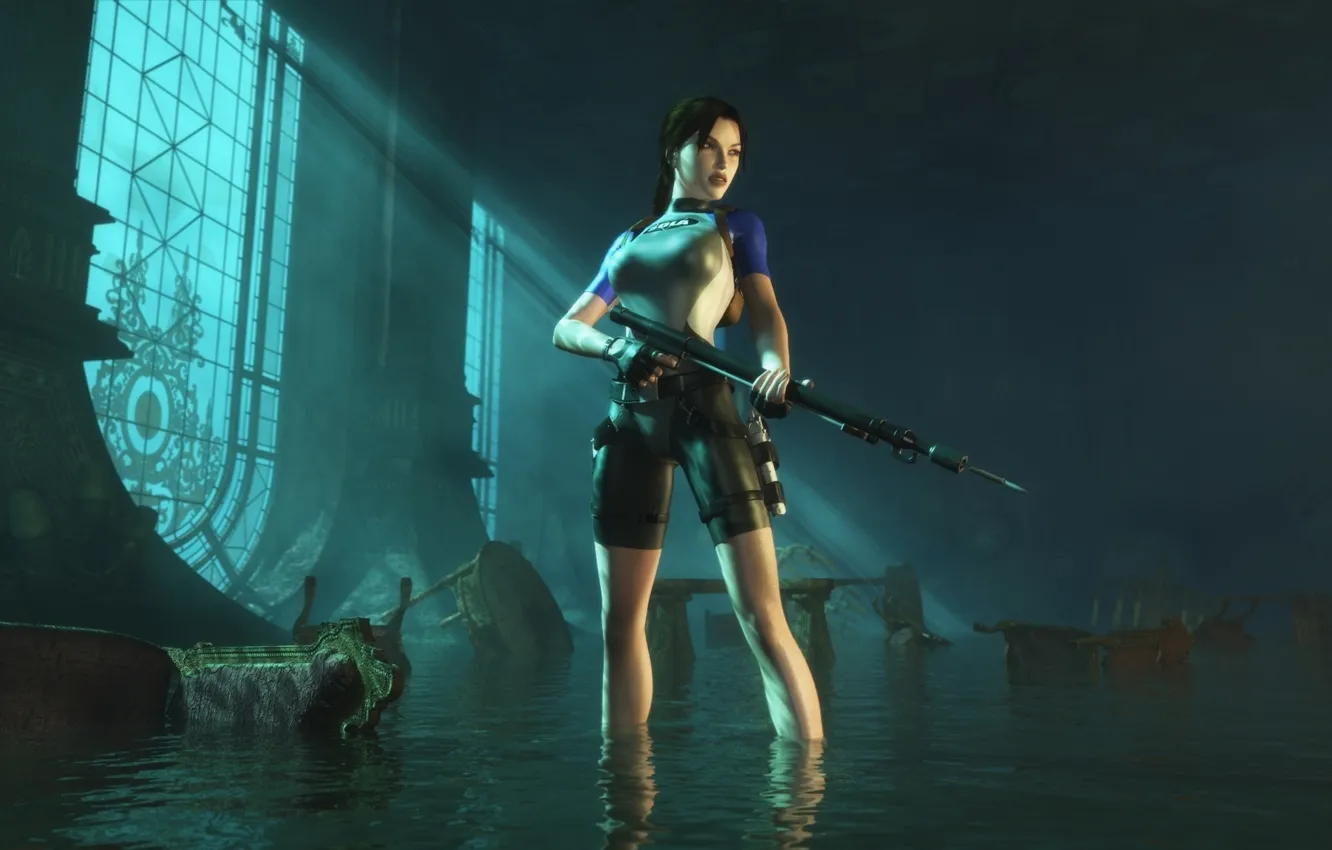 Фото обои девушка, Tomb Raider, гарпун, Lara Croft