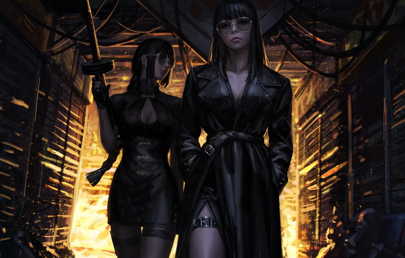 Фото обои Women, artwork, concept art, drawing, girls with guns, coats, original characters, cheongsam