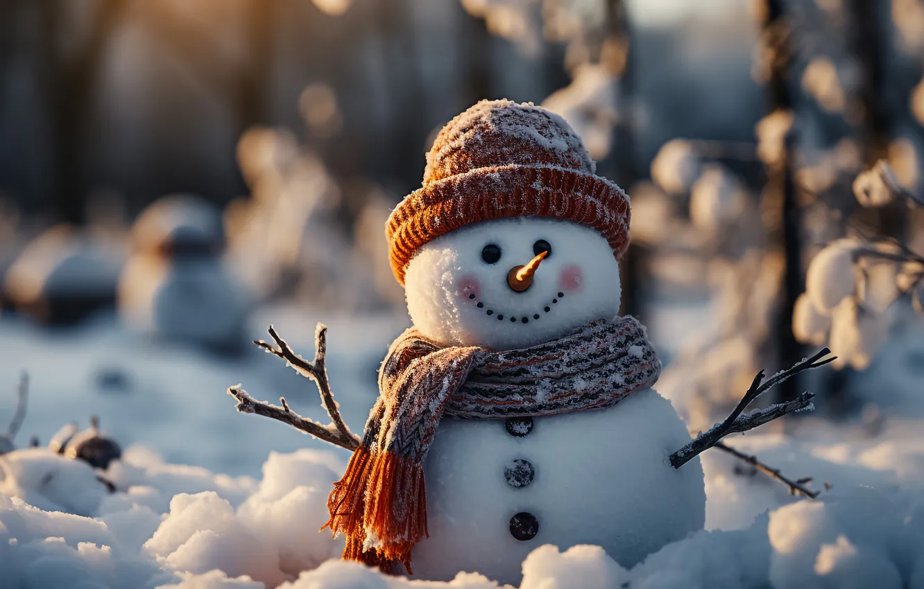 Фото обои зима, снег, Рождество, Новый год, снеговик, Christmas, winter, snow
