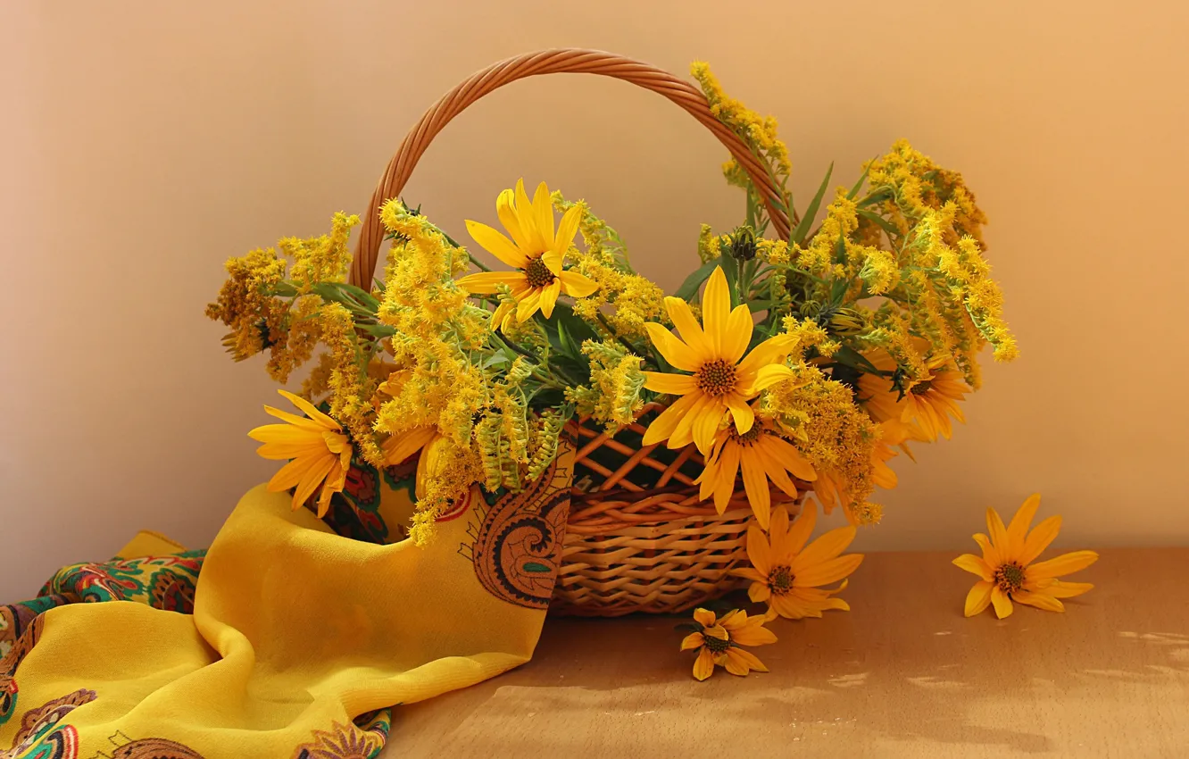 Фото обои осень, цветы, корзина, натюрморт, золотарник