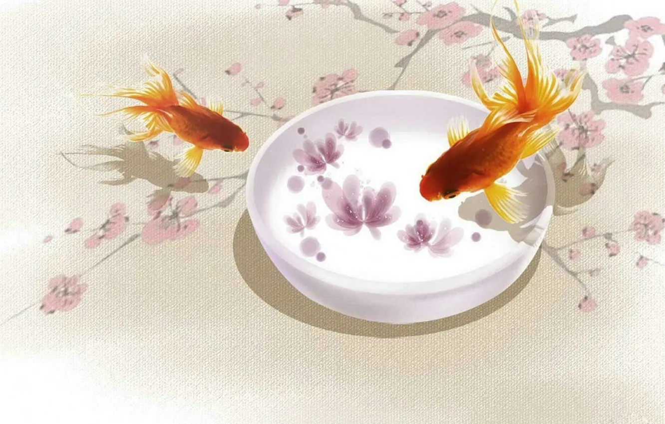 Фото обои рыбки, сакура, арт, золотые рыбки, ветвь