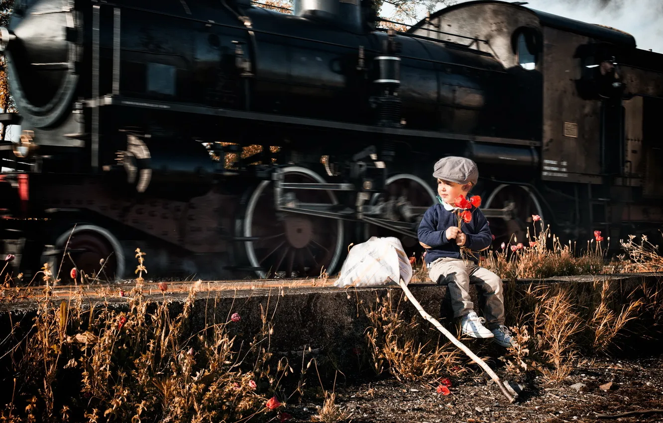 Фото обои настроение, поезд, маки, мальчик