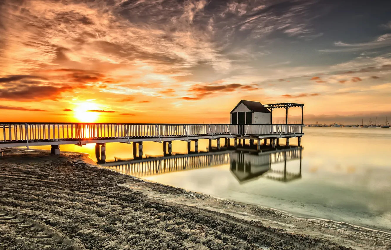 Обои sunset, pier, San Pedro del Pinatar на телефон и рабочий стол ...