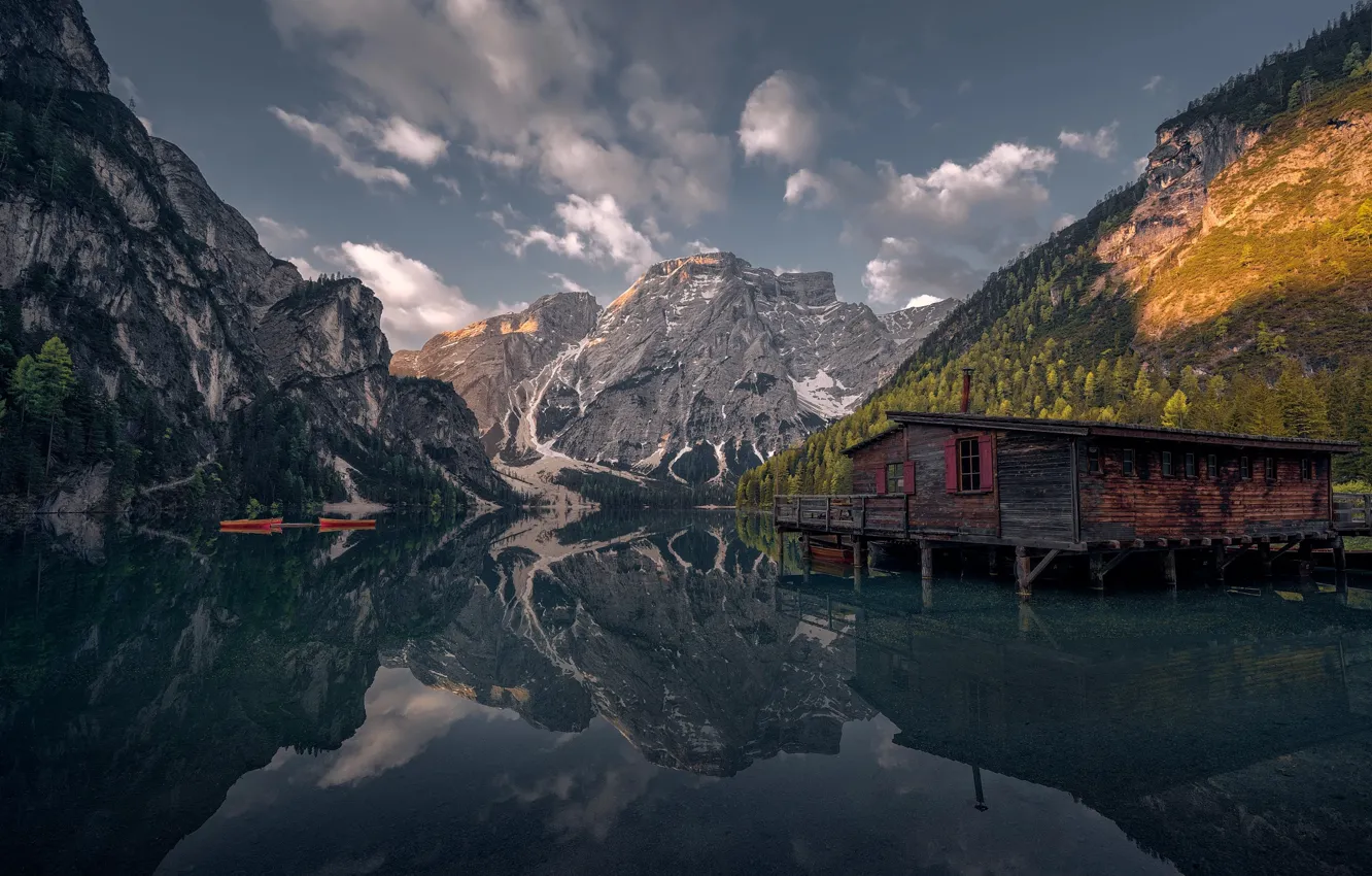 Фото обои горы, озеро, лодки, Германия, Альпы, лодочная
